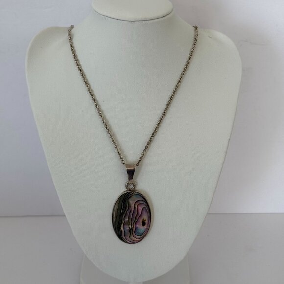 Sterling Silver 925 Necklace 32" Oval Abalone Shell Pendant Stamped Mexico TP-11 - Picture 1 of 4
